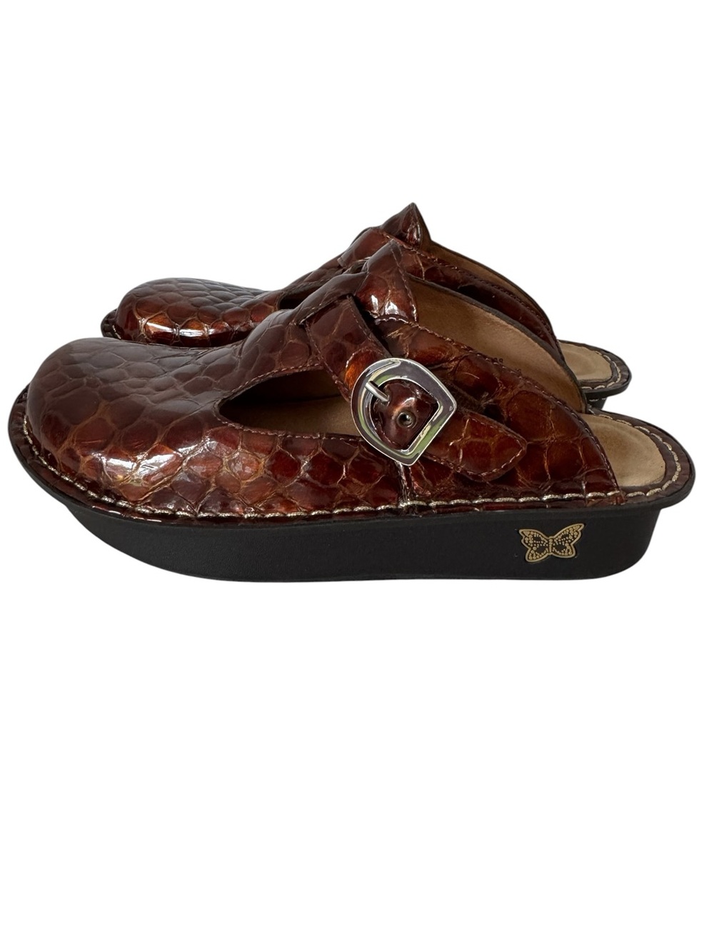 Alegria Patent Leather Mary Jane Clogs Sz 38 US 7.5 Brown Faux Croc Shoe Mules